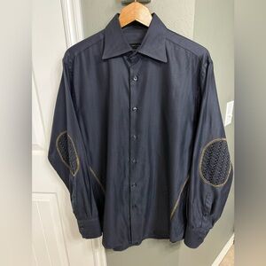 Equilibrio men’s Black Dress Shirt /Contrast Elbow Patch Accents Made in Italy.